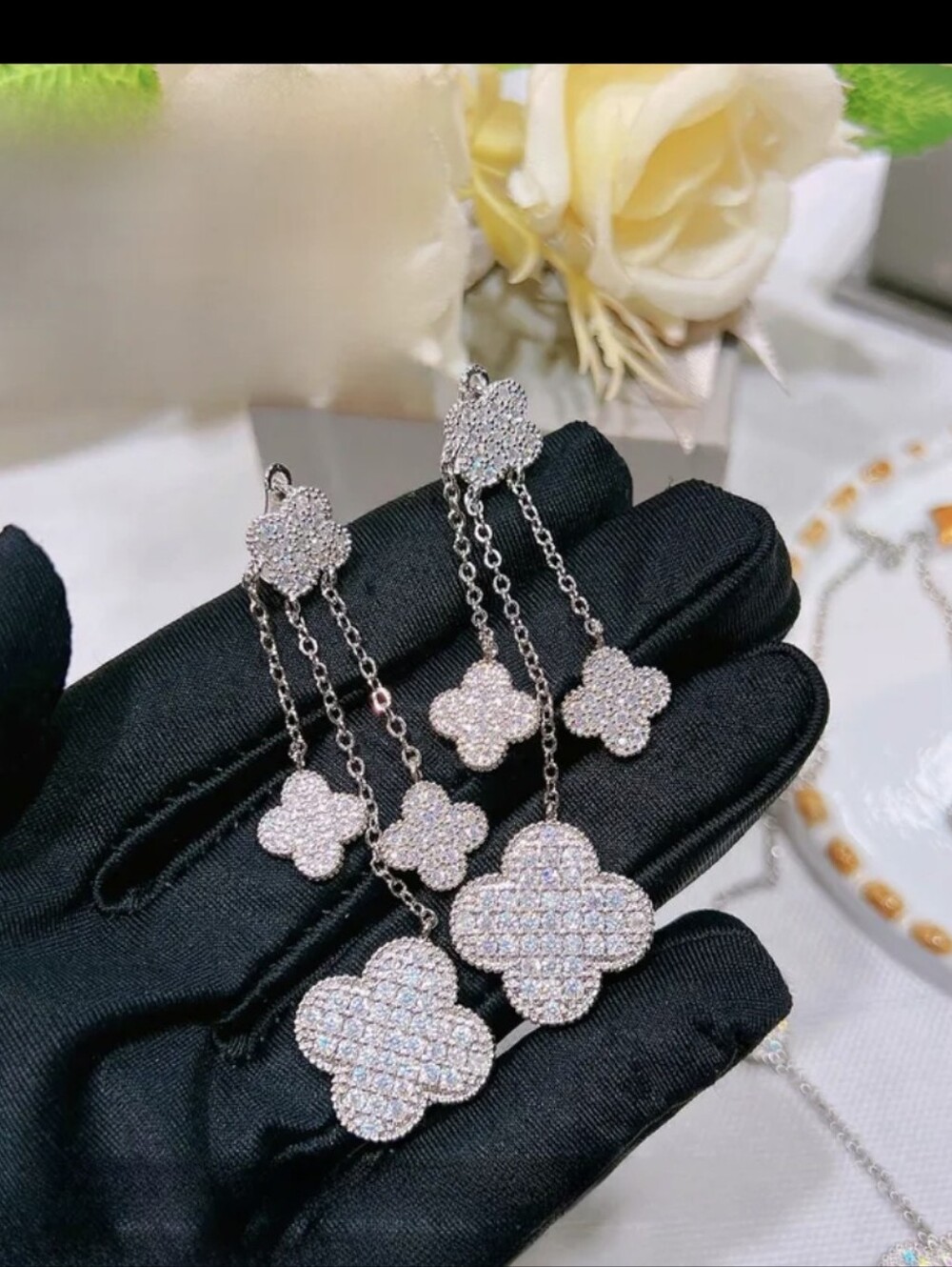 Silver Plated Four-Leaf Clover Diamond Dangle Earrings